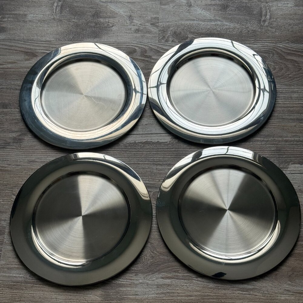 Crate&Barrel Polished Stainless Charger Plates - Silver Tone (Set of 4)